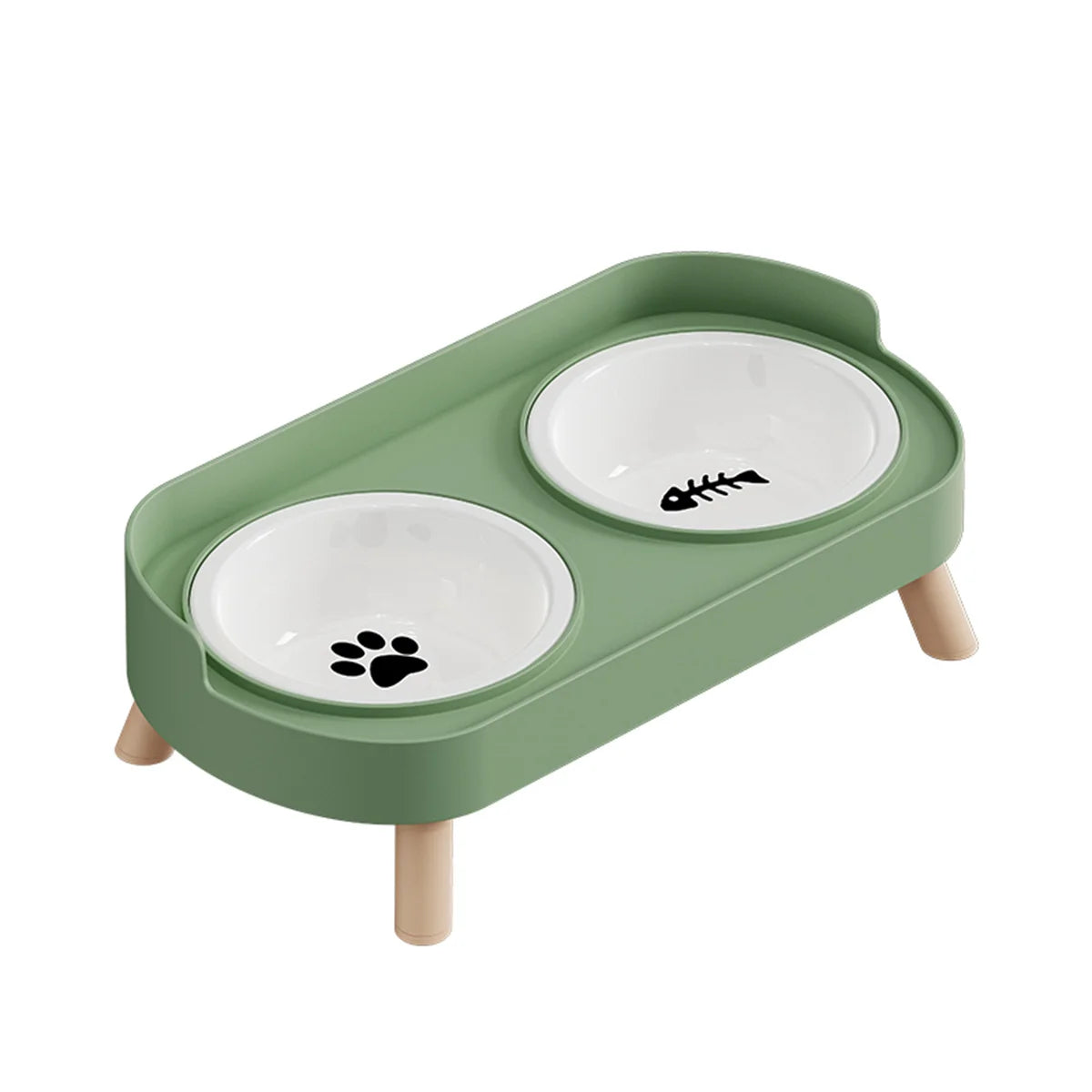Green Ceramics Color Double Pet Feeding Bowl With Raised Stand