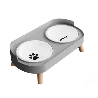 Gray Ceramics Color Double Pet Feeding Bowl With Raised Stand