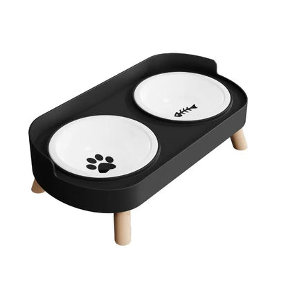 Black  Ceramics Color Double Pet Feeding Bowl With Raised Stand