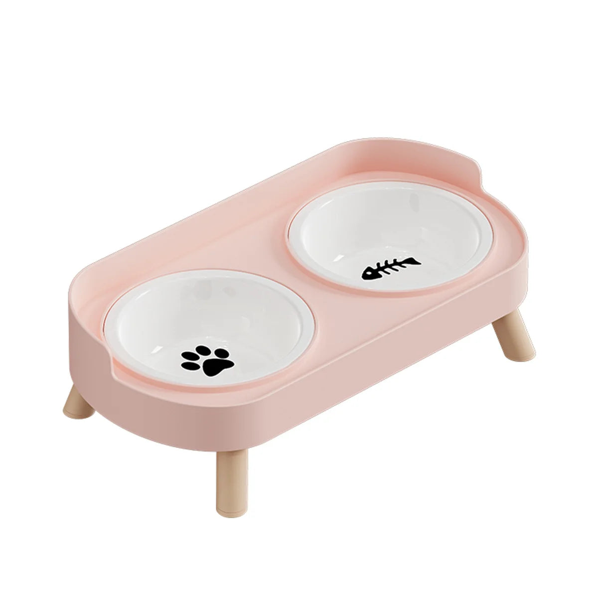 Pink Ceramics Color Double Pet Feeding Bowl With Raised Stand