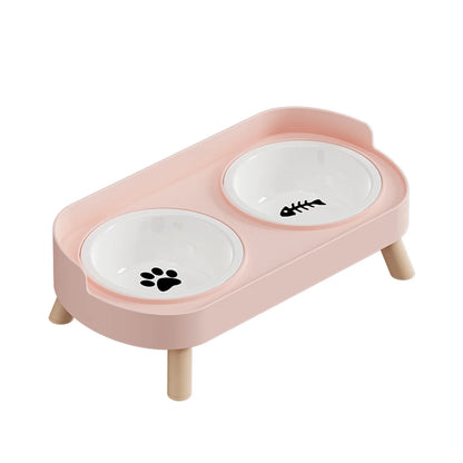 Pink Ceramics Color Double Pet Feeding Bowl With Raised Stand