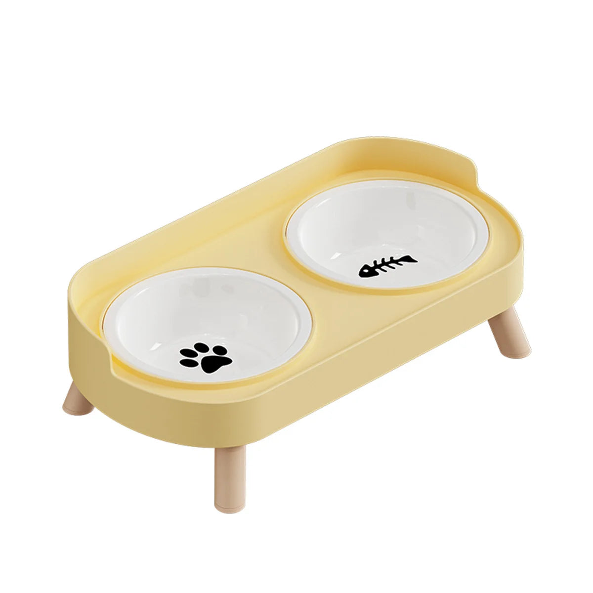 Yellow Ceramics Color Double Pet Feeding Bowl With Raised Stand