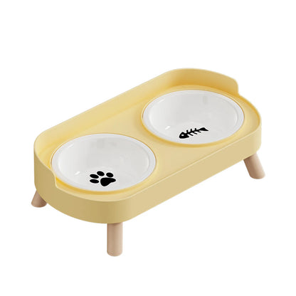 Yellow Ceramics Color Double Pet Feeding Bowl With Raised Stand