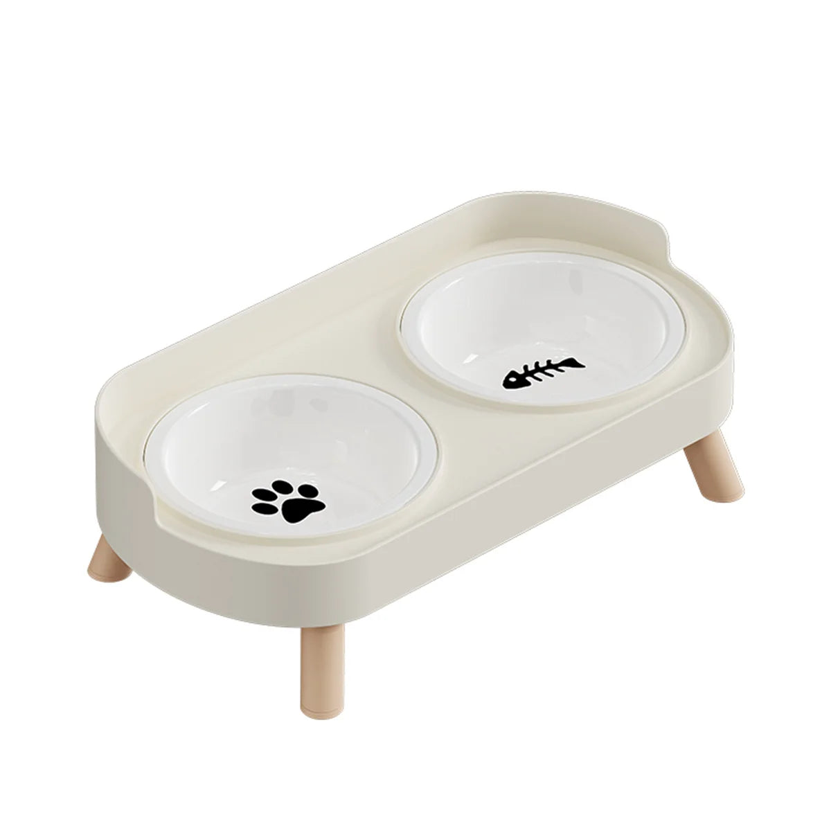 White Ceramics Color Double Pet Feeding Bowl With Raised Stand