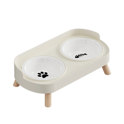 White Ceramics Color Double Pet Feeding Bowl With Raised Stand